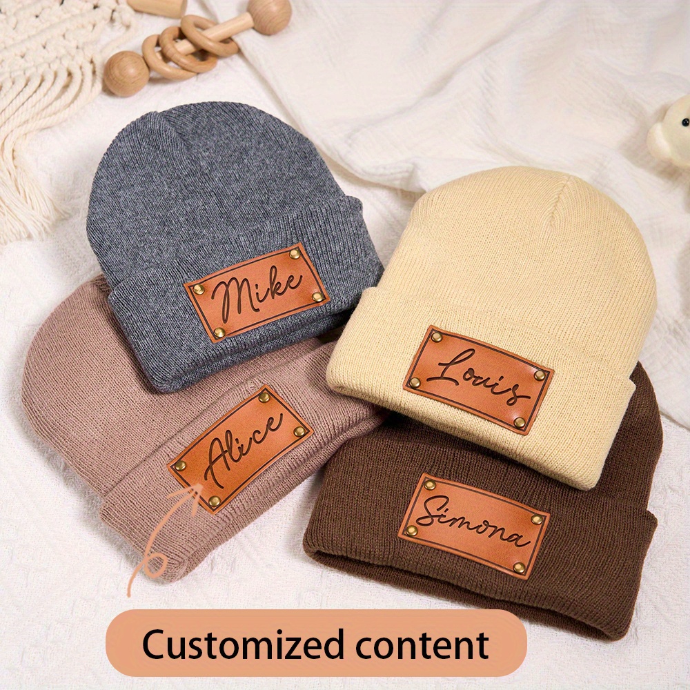 Knit Beanie Hat Warm - Personalisierte Leder-Patch-Beanie, personalisierte Strickmütze mit Umschlagbündchen,